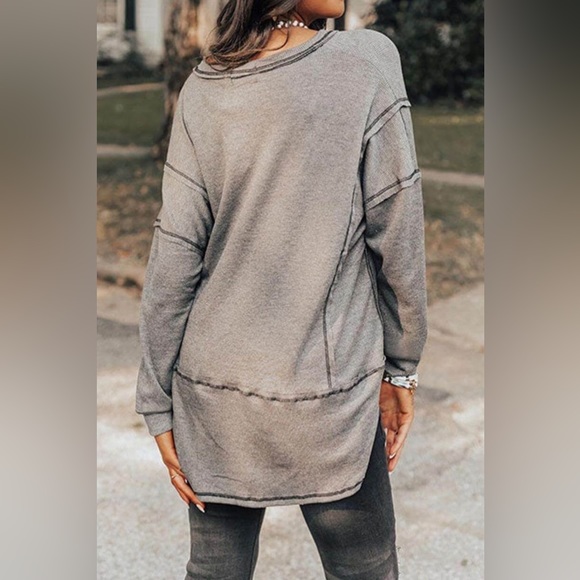 Gray Contrast Waffle Knit V-Neck Drop Shoulder Top - Picture 2 of 4